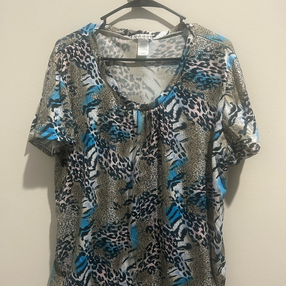Animal-Print Scoop Neck Short Sleeve Top - Blue Multicolor